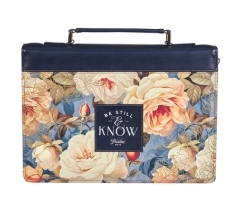 Bible Cover, Be Still and Know, Imitation Leather, Navy Floral, Large