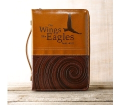 "On Wings Like Eagles" Isaiah 40:31 Bible Cover, Two-tone Brown and Tan, Large