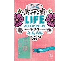NLT, Girls Life Application Study Bible, Leather Touch, Teal and Pink Flowers