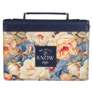 Bible Cover, Be Still and Know, Imitation Leather, Navy Floral, Large
