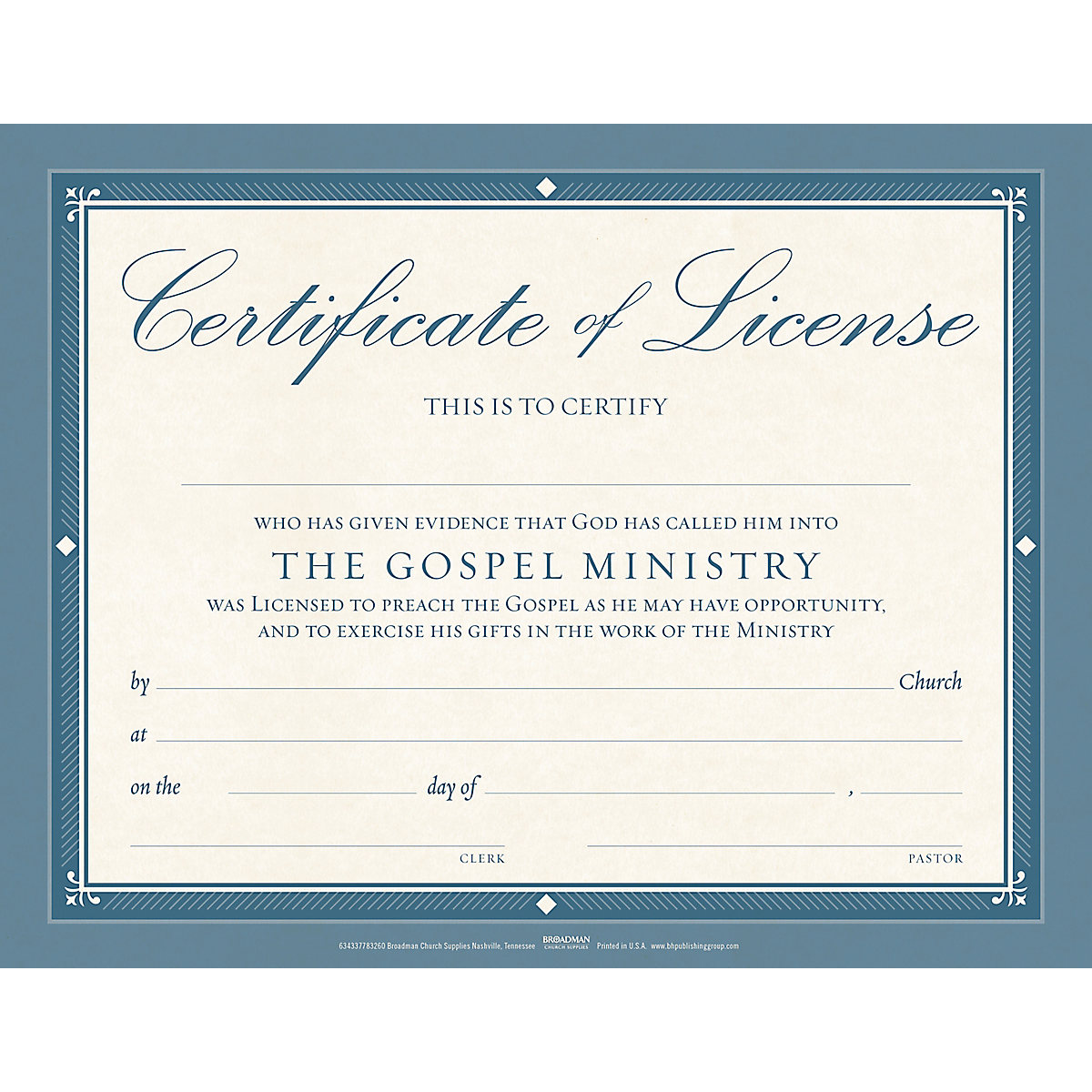 Certificate of License for Minister