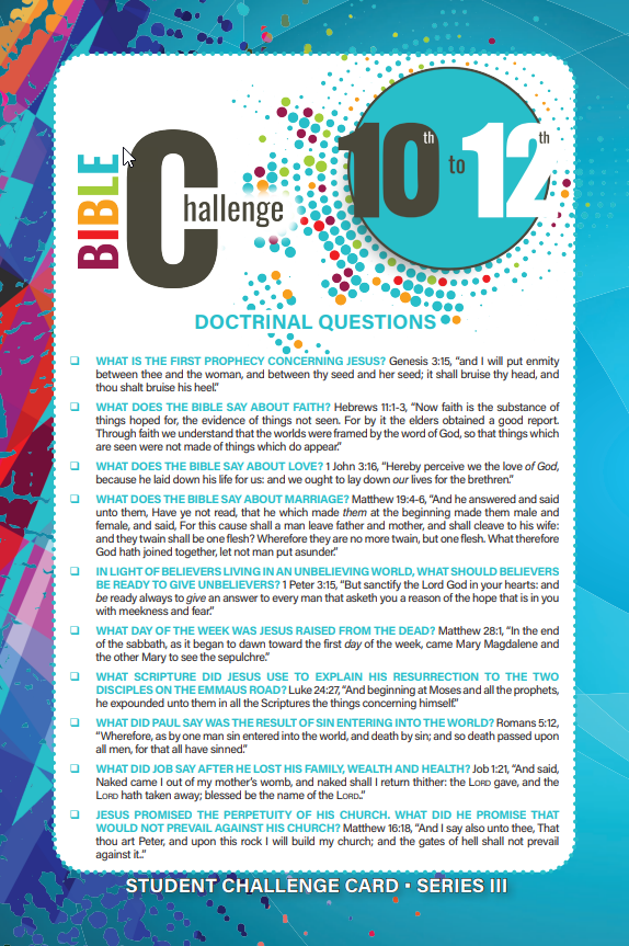 Bible Challenge 10th-12th Grade STUDENT CHALLENGE CARD, Series III