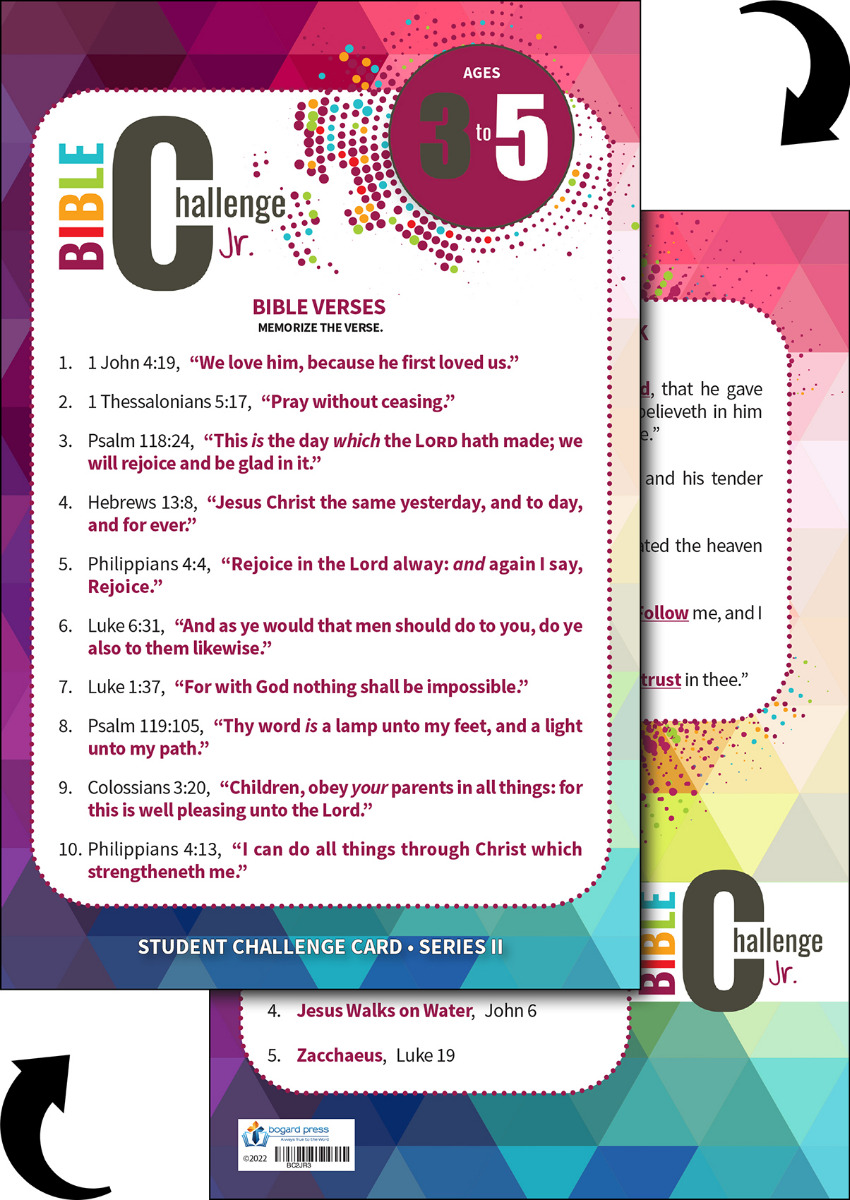 Ages 3 to 5 BIBLE CHALLENGE JR. STUDENT CHALLENGE CARDS, Series II