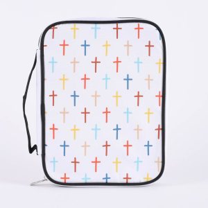 Bible Cover, Canvas, White with Colorful Crosses, Medium