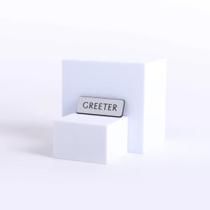 GREETER BADGE, SILVER, SECURE MAGNETIC BACKING