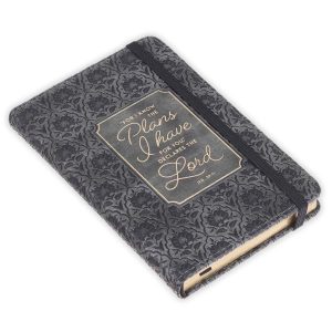 Pocketsize Hardcover Notebook with Elastic Closure: For I Know the Plans - Jeremiah 29:11, black and gray faux leather